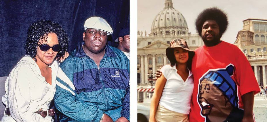2 photos: smiling woman with sunglasses leans against shoulder of man in blue tracksuit with white hat; tall man in red shirt with arm around woman in bucket hat in front of Roman buildings 