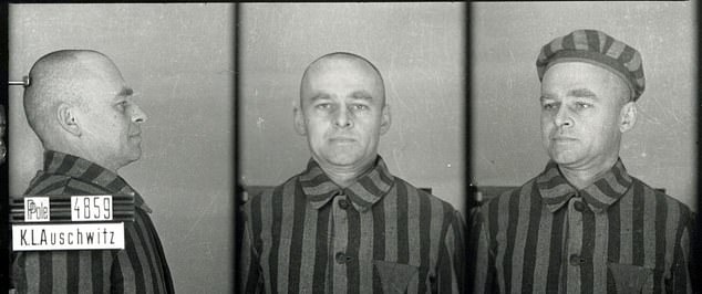 Pilecki was a witness to the camp's full horrors and described how 'mass murder' took place in gas chambers disguised as showers. Above: Pilecki during his time as an inmate at Auschwitz