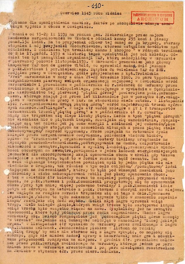 Pilecki's report of what he witnessed inside Auschwitz. He told how Jewish prisoners were 'driven like a herd of animals to slaughter'