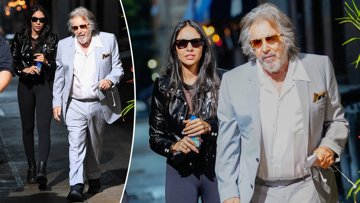 Noor Alfallah in einer Lederjacke und Leggings geht hinter Al Pacino in einem hellgrauen/blauen Anzug her. In einer näheren Aufnahme sind sie gemeinsam zu sehen
