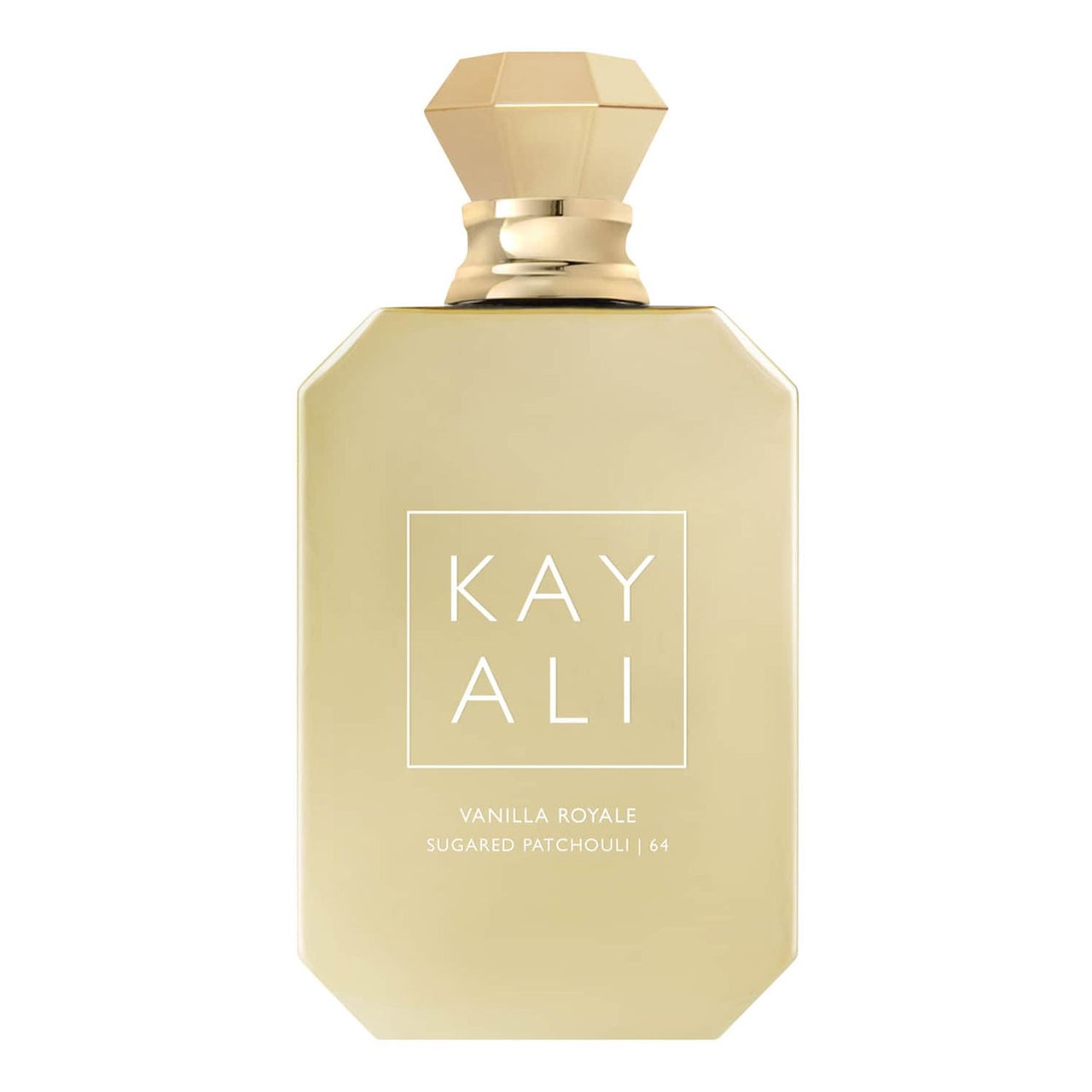 Kayali Vanilla Royale goldene Parfümflasche auf weißem Hintergrund