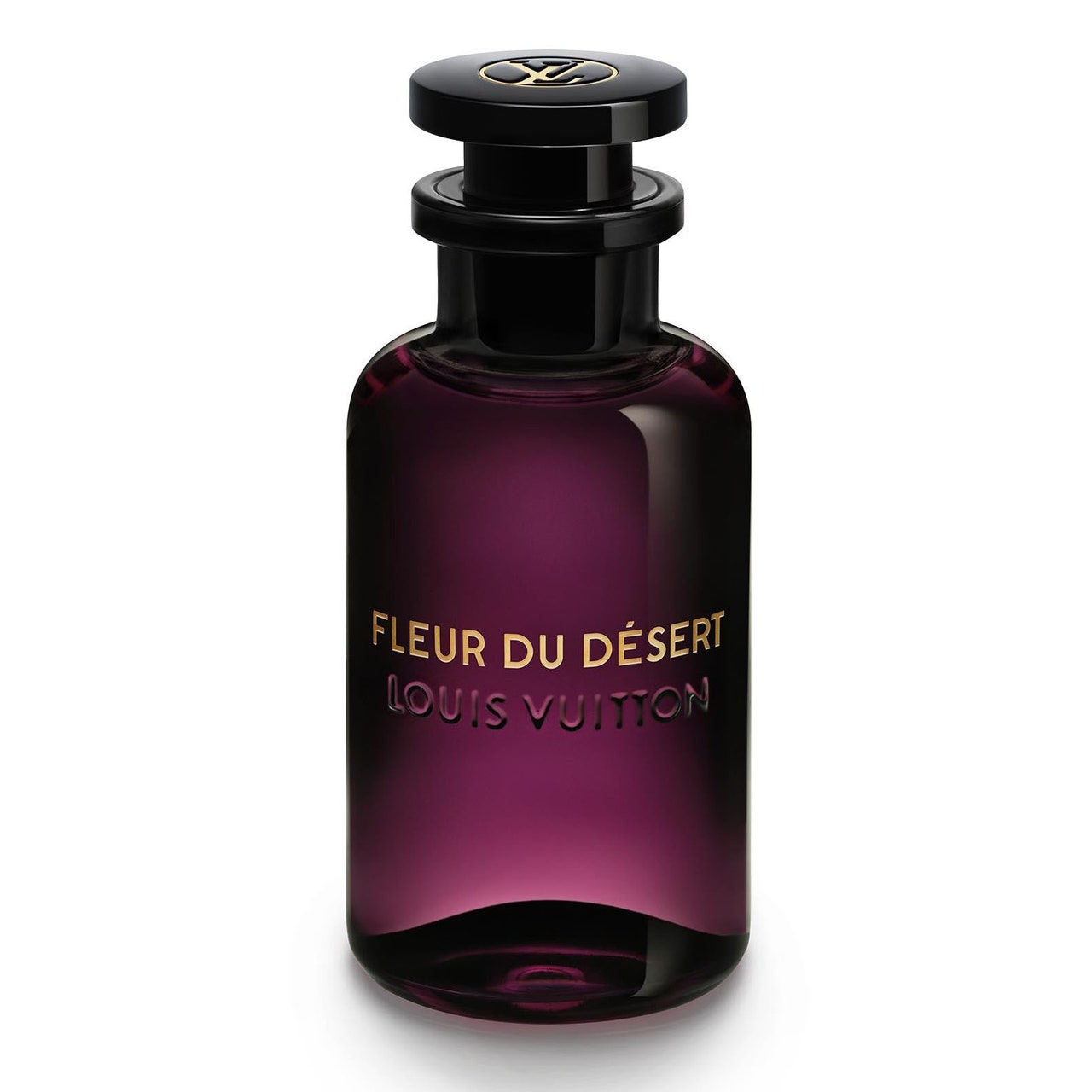 Lila Glasflasche Louis Vuitton Fleur du Désert auf weißem Hintergrund