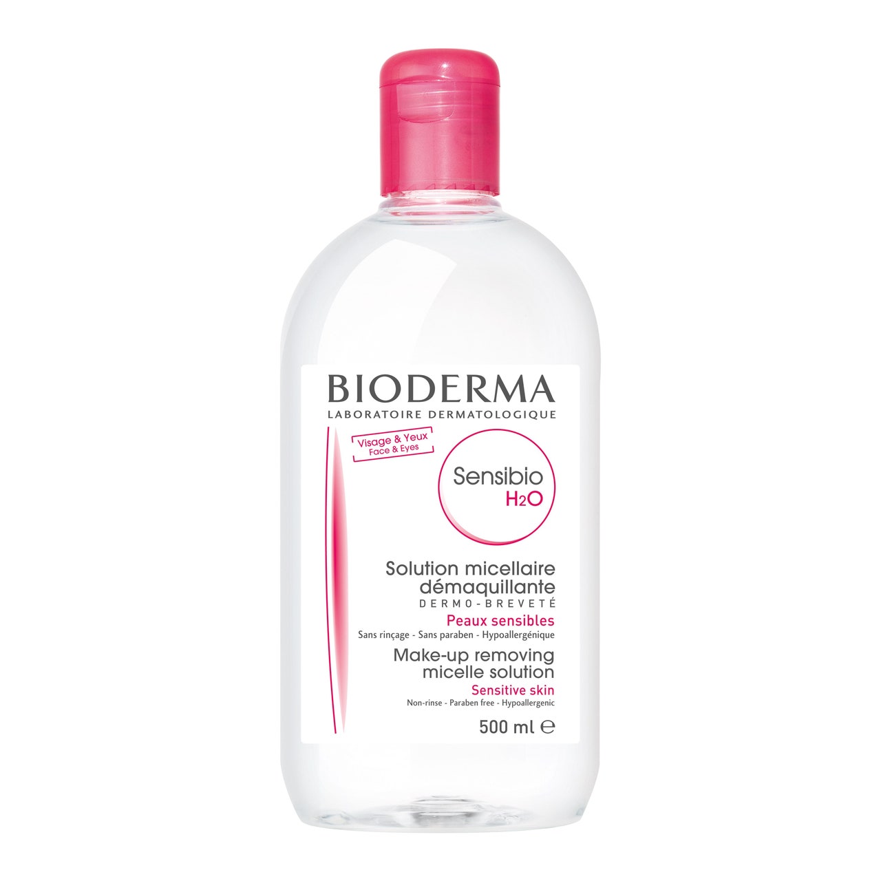 Bioderma Sensibio H2O Micellar-Wasserflasche mit rosa Verschluss auf weißem Hintergrund