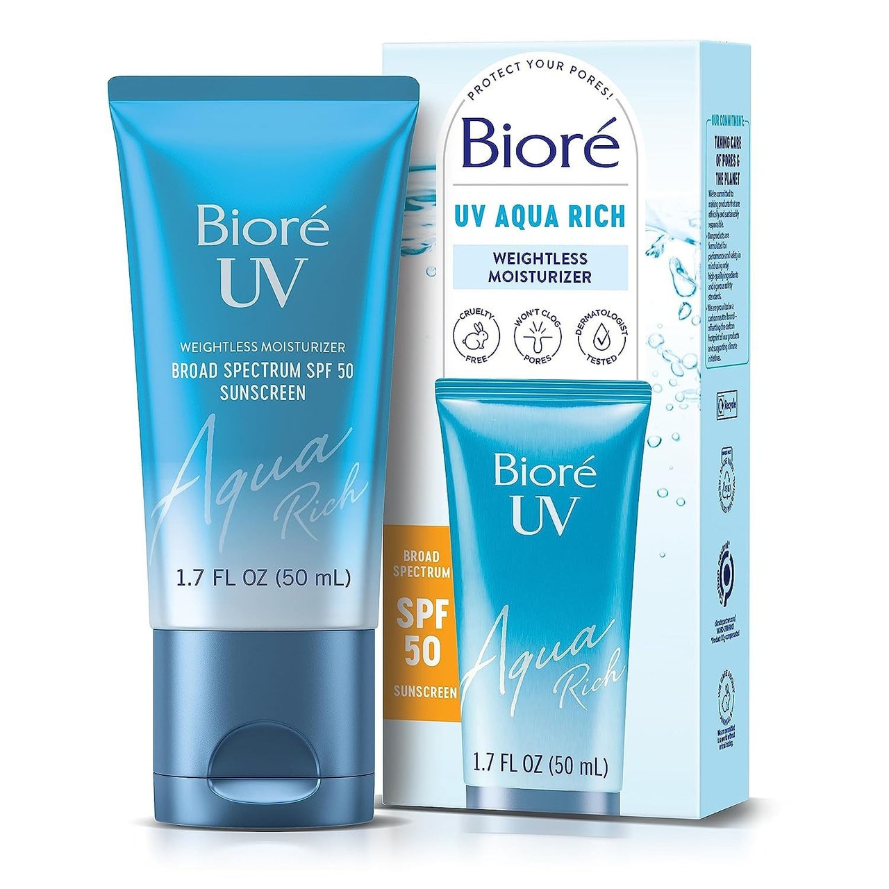 Biore UV Aqua Riche Watery Essence SPF 50 blaue Quetschtube und Verpackung auf weißem Hintergrund