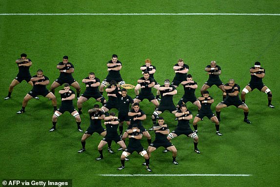 New Zealand players perform the Haka prior to the France 2023 Rugby World Cup Pool A match between France and New Zealand at Stade de France in Saint-Denis, on the outskirts of Paris on September 8, 2023. (Photo by FranÃ§ois-Xavier MARIT / AFP) (Photo by FRANCOIS-XAVIER MARIT/AFP via Getty Images)