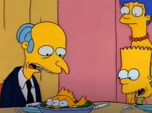 Die Simpsons schienen erneut die Zukunft vorherzusagen, als der japanische Premierminister Fumio Kishida vor laufender Kamera einen Sashimi-Fisch aß, um zu beweisen, dass er unbedenklich verzehrbar sei.  Dies spiegelte eine frühere Episode wider, in der Herr Burns (im Bild) einen Fisch isst, der Atommüll ausgesetzt war