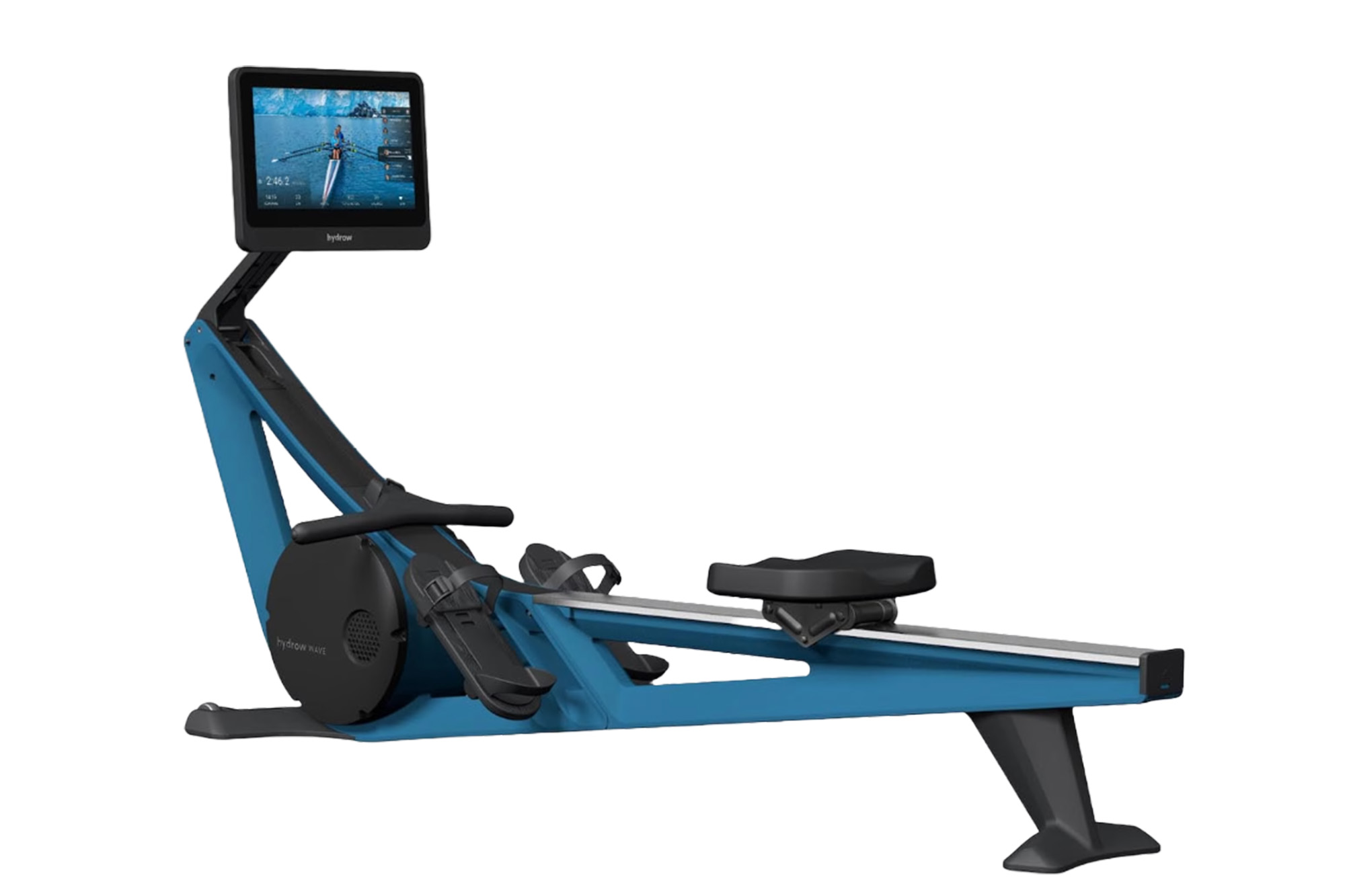 A blue rowing machine