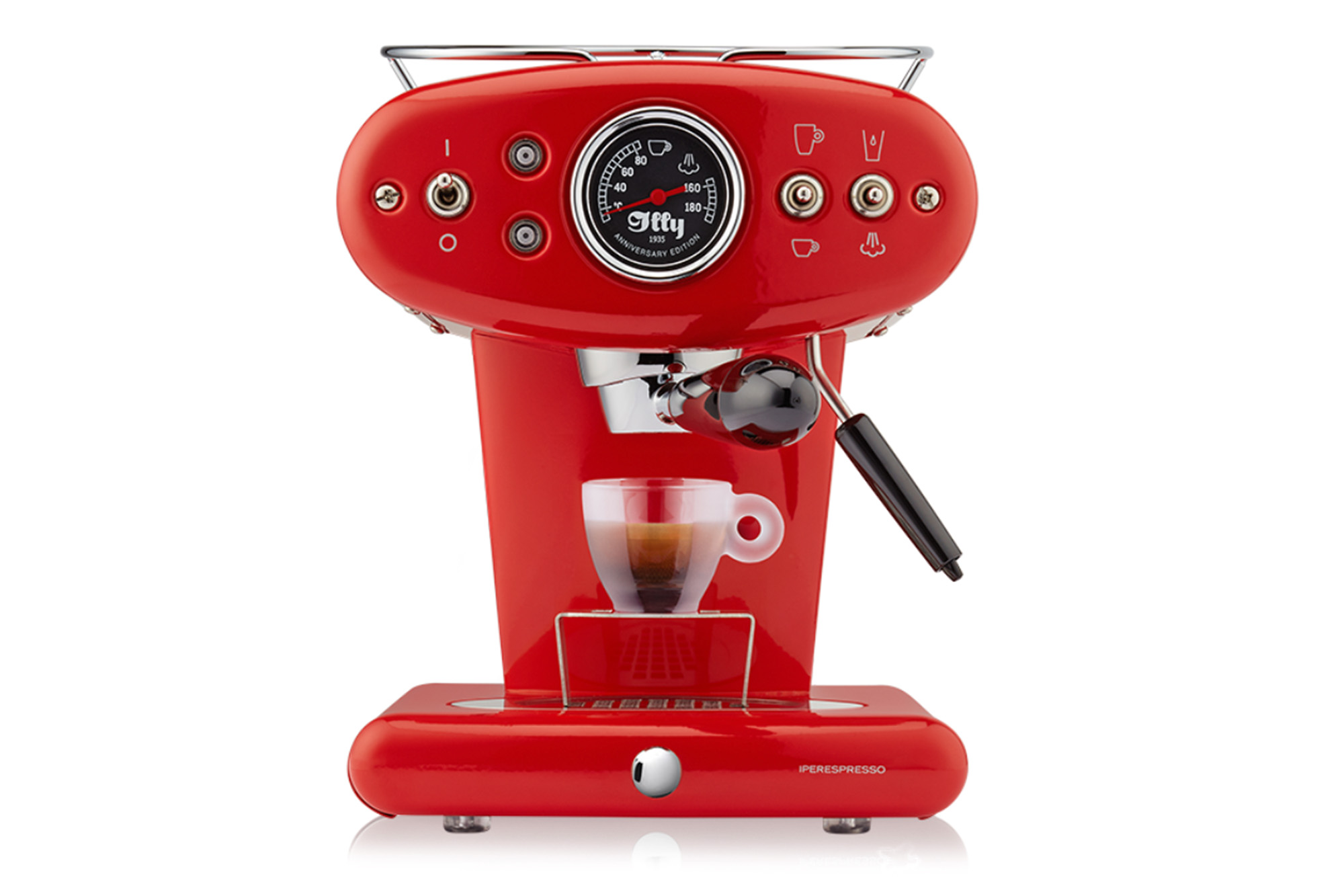 A red espresso machine