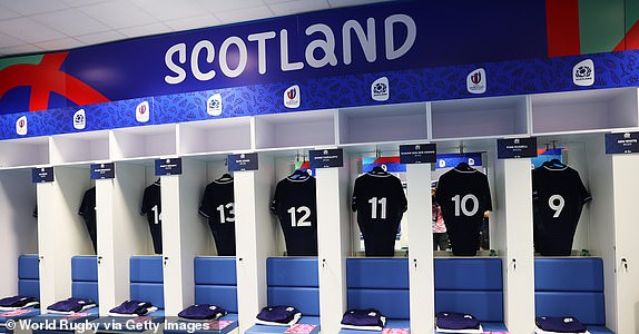 MARSEILLE, FRANCE - SEPTEMBER 10: A general view inside the Scotland changing room prior to the Rugby World Cup France 2023 match between South Africa and Scotland at Stade Velodrome on September 10, 2023 in Marseille, France. (Photo by Michael Steele - World Rugby/World Rugby via Getty Images)