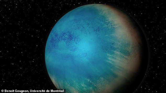 Wasserwelt: Die Darstellung dieses Künstlers zeigt einen anderen Planeten, von dem man annimmt, dass er eine „Hycean“-Welt ist.  Wissenschaftler glauben, dass die Exopflanze TOI-1452 b möglicherweise vollständig von einem tiefen Ozean bedeckt ist