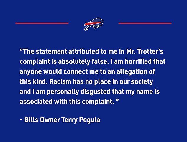 Terry Pegula hat bestritten, gegenüber dem ehemaligen NFL-Kolumnisten Jim Trotter eine rassistische Aussage gemacht zu haben