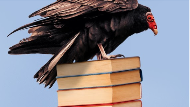 vulture on a stack of books