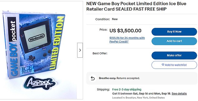 Der Ice Blue Nintendo Gameboy Pocket wurde am 3. September 1996 für etwa 90 US-Dollar veröffentlicht.  Aber eBay hat einen für 3.500 US-Dollar gelistet