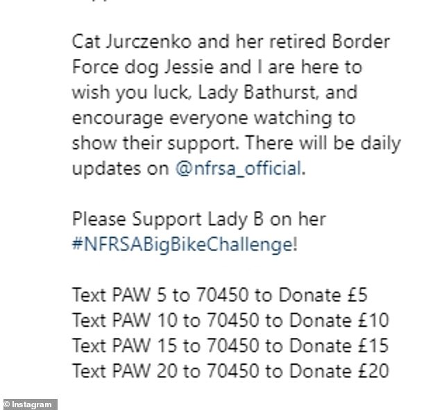 Fergie forderte ihre 640.000 Follower auf, Lady Bathurst bei ihrer Radtour für wohltätige Zwecke zu unterstützen