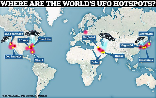 Interessant: Anfang des Jahres veröffentlichte das Verteidigungsministerium ein Dokument, in dem die „UFO-Hotspots der Welt“ offengelegt wurden.  Es enthält eine Karte, die zeigt, wo die meisten Sichtungen nicht identifizierter Objekte aufgezeichnet wurden, basierend auf Berichten zwischen 1996 und 2023