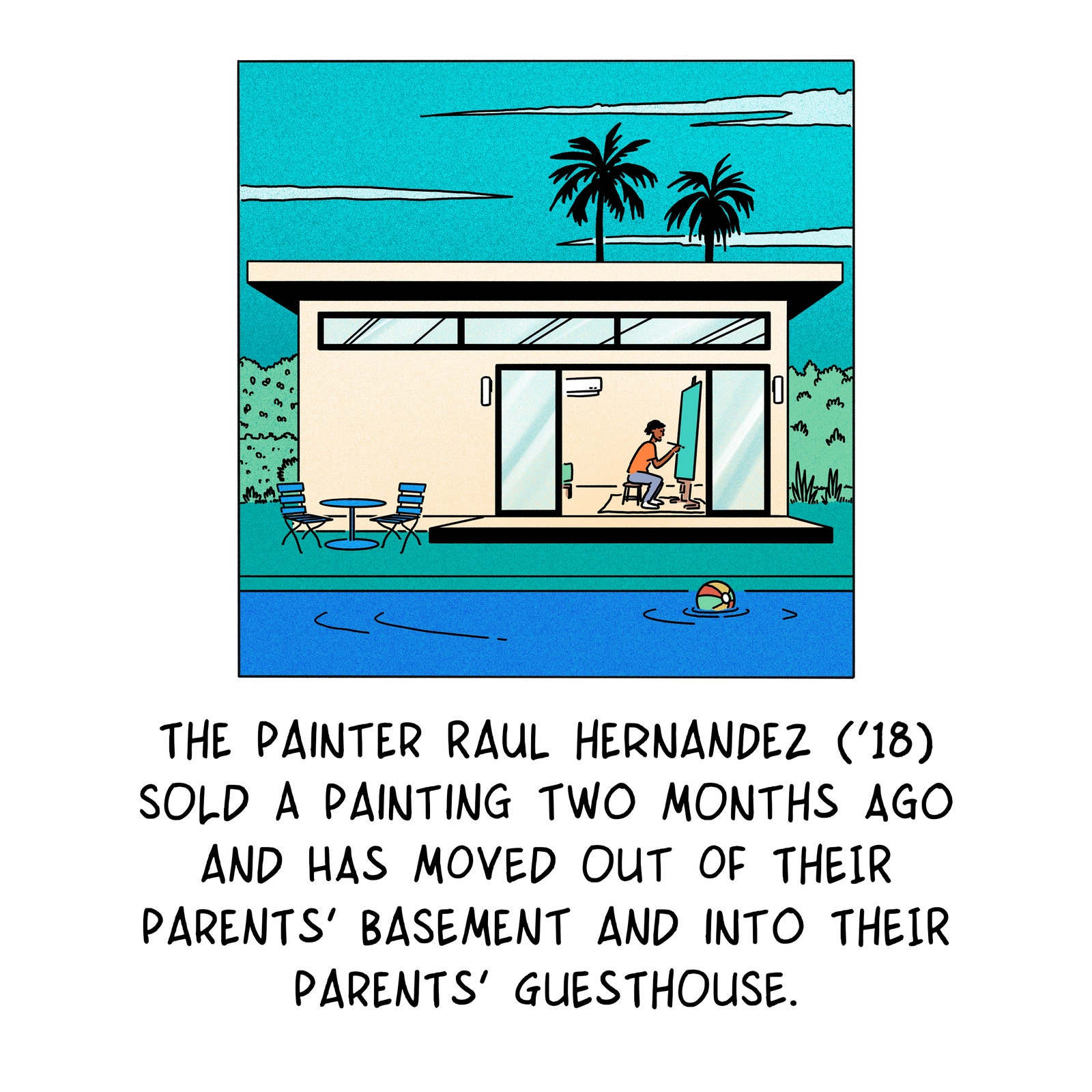 Mann malt in einem Gästehaus neben einem Pool.