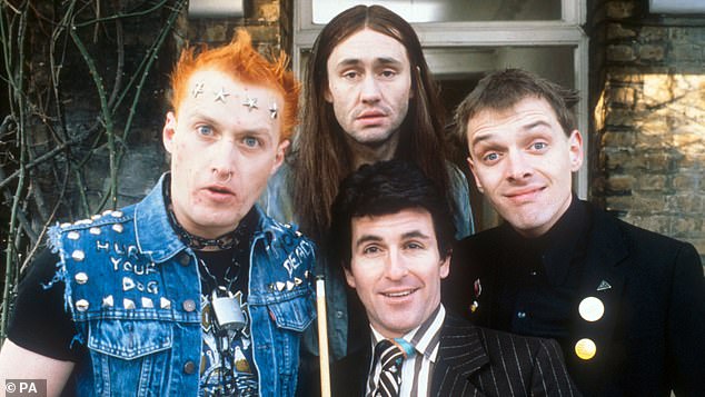 Television programme, 'The Young Ones',  (left to right) Vyvyan played by Adrian Edmondson, Neil played by Nigel Planer, Mike played by Christopher Ryan and Rick played by Rik Mayall