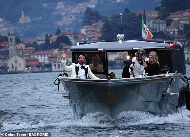 On a boat: The family and their guests boarded a boat to get to Villa Pizzo in Lake Como where the vow renewal was taking place. The location is the same place that the lovebirds tied the knot back on September 14, 2013
