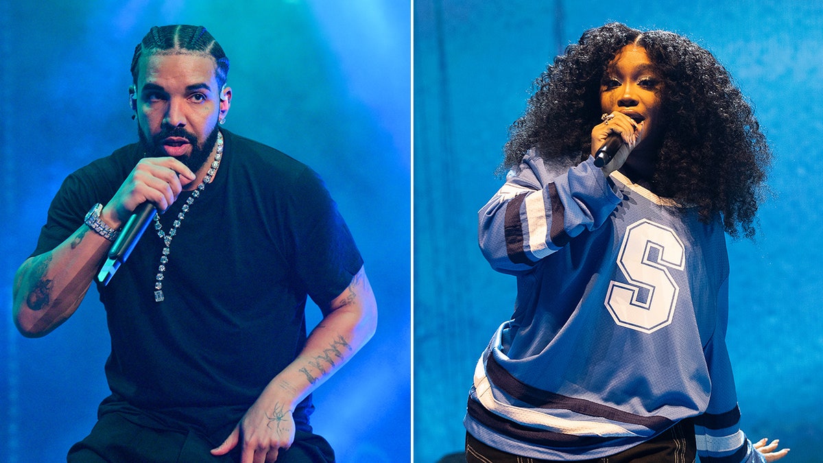Drake in einem schwarzen Hemd rappt auf der Bühne. SZA in einer blauen Bomberjacke mit einem „S“ darauf tritt auf der Bühne auf