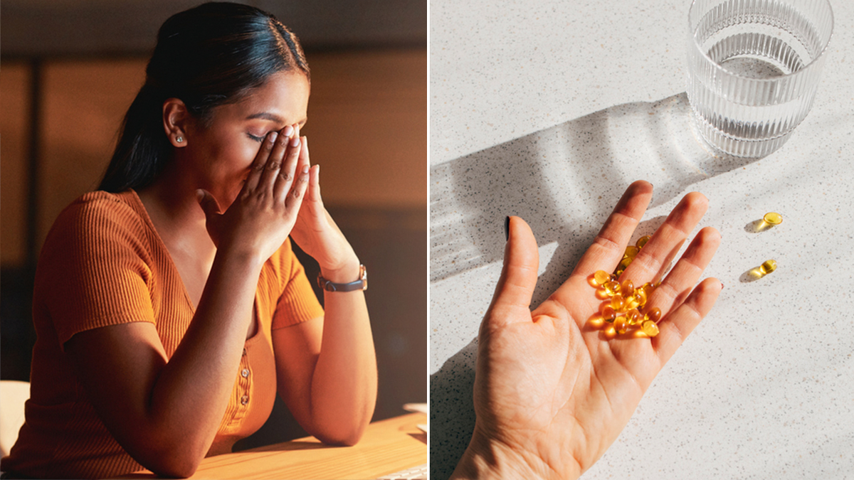 Frau mit Angstzuständen und Vitamin-D-Tabletten