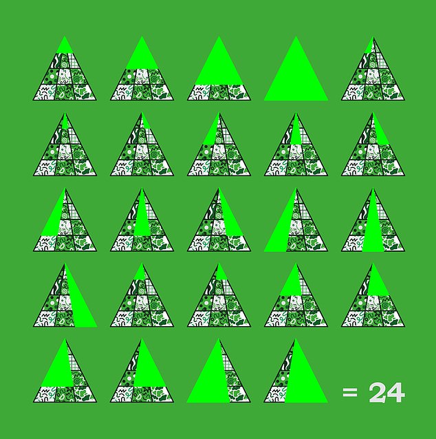So einfach, wenn man die Antwort kennt!  Es stellt sich heraus, dass es in dieser anspruchsvollen Denkaufgabe insgesamt 24 Dreiecke gibt
