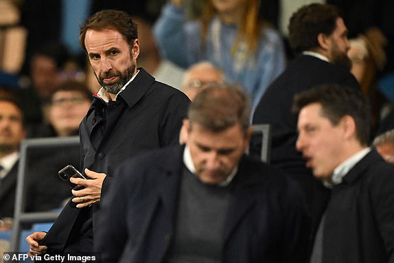 England's football head coach Gareth Southgate arrives for the UEFA Champions League Group G football match between Manchester City and FC Crvena Zvezda (Red Star Belgrade) at the Etihad Stadium in Manchester, north west England, on September 19, 2023. (Photo by Oli SCARFF / AFP) (Photo by OLI SCARFF/AFP via Getty Images)