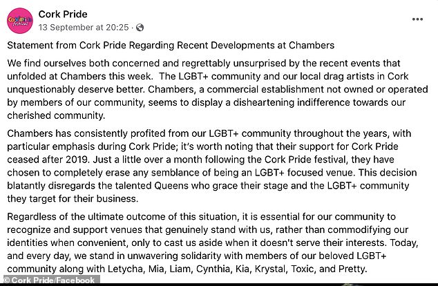 Cork Pride veröffentlichte ebenfalls eine Erklärung, in der es den Schritt verurteilte, und schrieb am Mittwoch in einem Facebook-Post, dass man von der Entscheidung des Clubs „besorgt und leider nicht überrascht“ sei