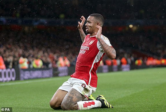 Arsenal's Gabriel Jesus celebrates scoring their side's third goal of the game during the UEFA Champions League Group B match at the Emirates Stadium, London. Picture date: Wednesday September 20, 2023. PA Photo. See PA story SOCCER Arsenal. Photo credit should read: Nigel French/PA WireRESTRICTIONS: Use subject to restrictions. Editorial use only, no commercial use without prior consent from rights holder..