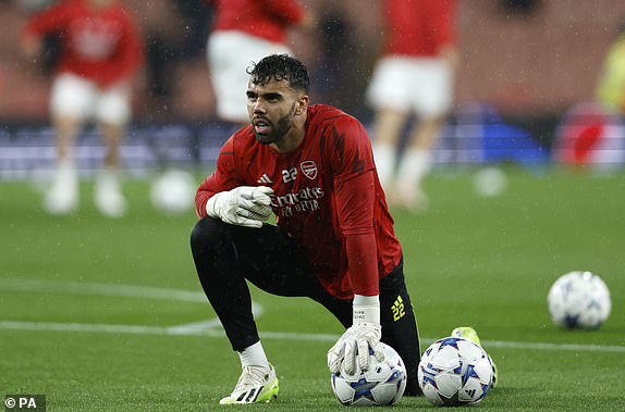 Arsenal goalkeeper David Raya warming up before the UEFA Champions League Group B match at the Emirates Stadium, London. Picture date: Wednesday September 20, 2023. PA Photo. See PA story SOCCER Arsenal. Photo credit should read: Nigel French/PA WireRESTRICTIONS: Use subject to restrictions. Editorial use only, no commercial use without prior consent from rights holder..