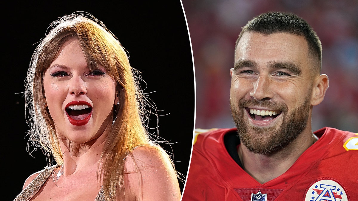 Taylor Swift lächelt breit mit offenem Mund auf der Bühne. Travis Kelce in seiner roten Chiefs-Uniform lacht auf dem Spielfeld