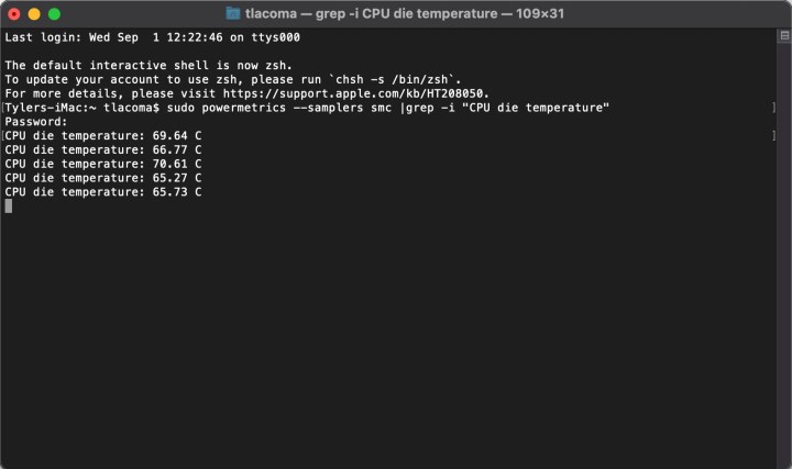 Das Terminal verfolgt die CPU-Temperatur nach einem erfolgreichen Befehl.