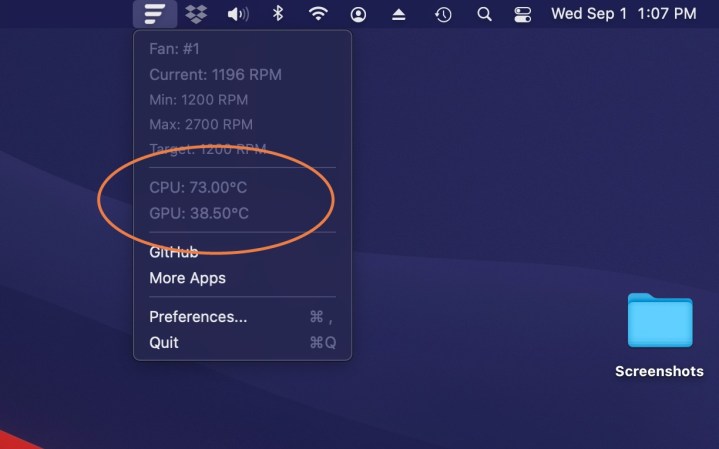Das Fanny-Widget zeigt CPU- und GPU-Temperaturen unter MacOS an.