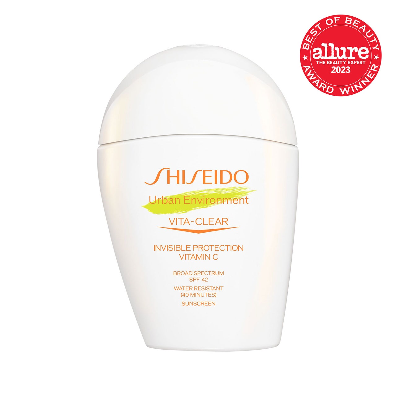 Shiseido Urban Environment Vita-Clear Sunscreen SPF 42 white bottle with rounded cap on white background with red Allure BoB seal in the top right corner
