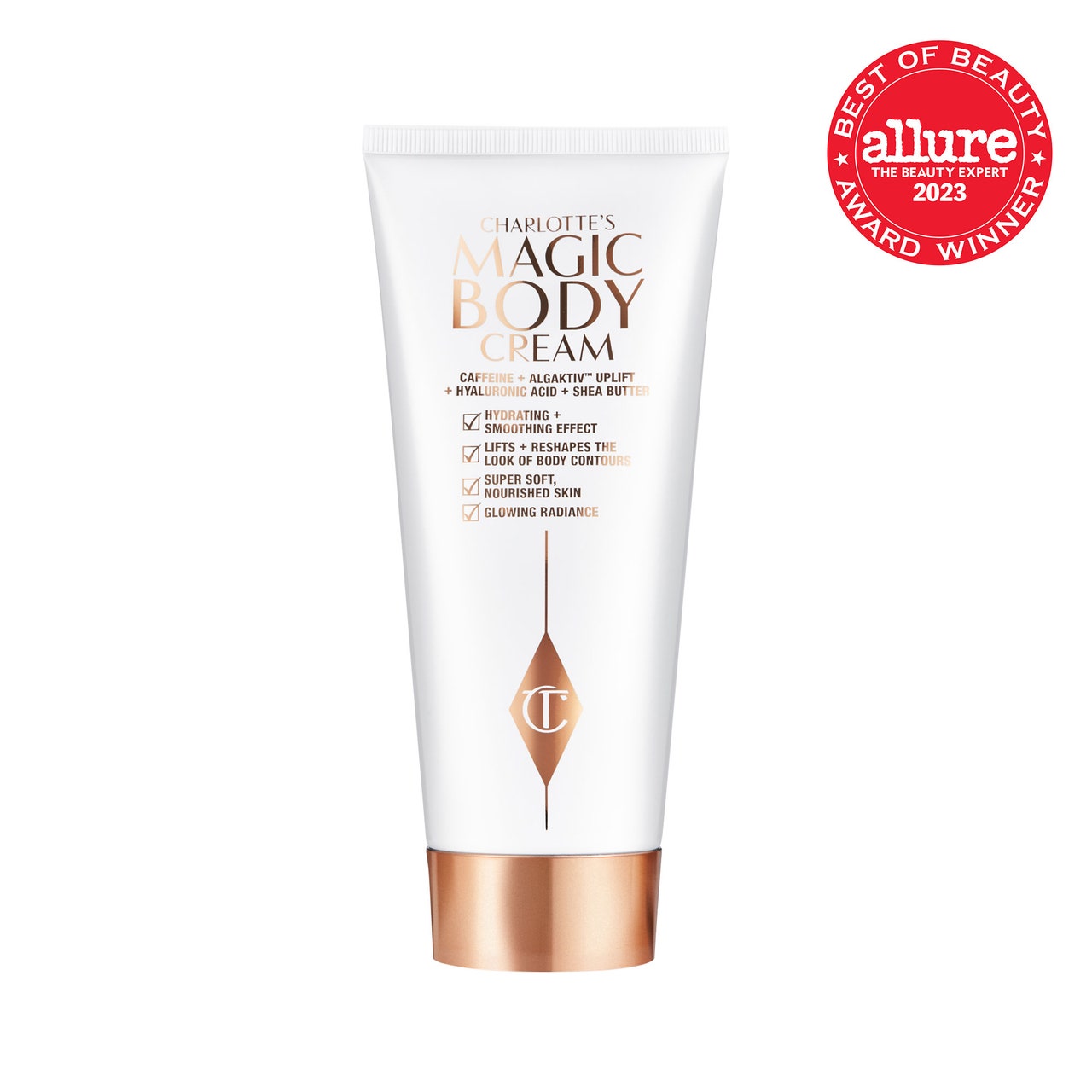 Charlotte Tilbury Magic Body Cream white tube with gold cap on white background with red Allure BoB seal in the top right corner