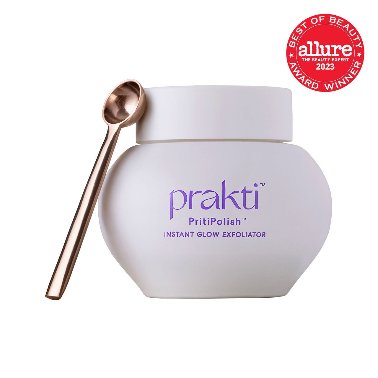 Prakti PritiPolish round white jar with gold spoon leaning against it on white background with red Allure BoB seal in the top right corner
