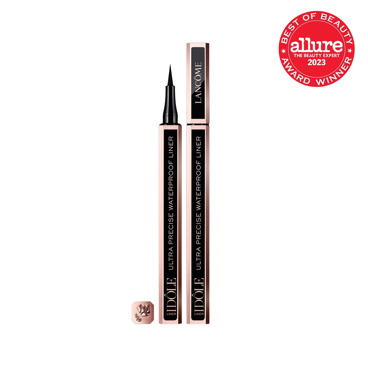 Lancôme Idôle Ultra-Precise Felt Tip Waterproof Liquid Eyeliner black and rose gold liquid eye liner pen on white background with red Allure BoB seal in the top right corner