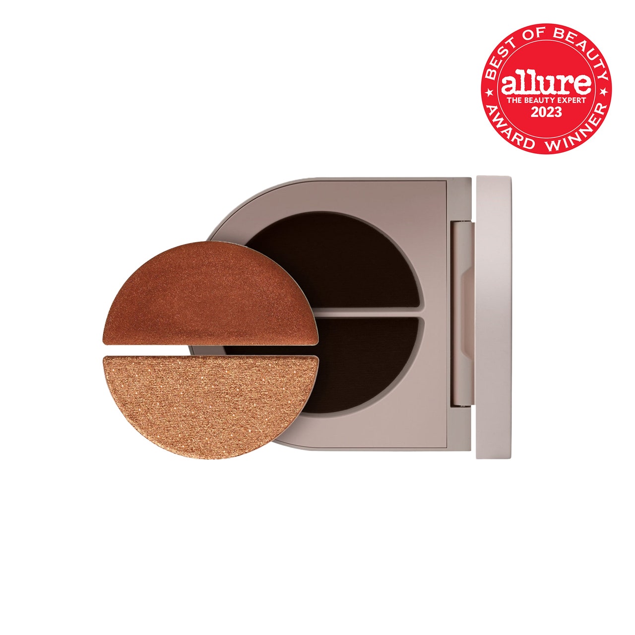 Topicals Slather Exfoliating Body Serum bronze eye shadow duo in pale bronze compact on white background with red Allure BoB seal in the top right corner