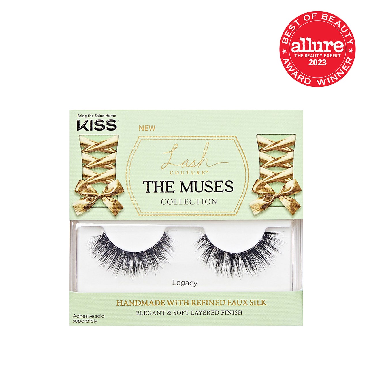 Kiss Lash Couture The Muses pale green box of false lashes on white background with red Allure BoB seal in the top right corner