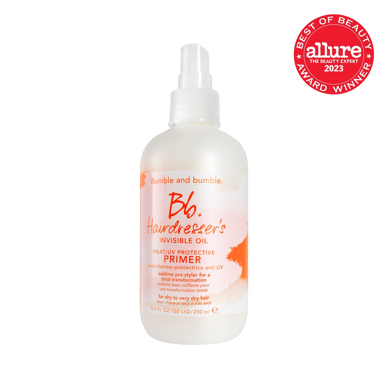 Bumble and Bumble Hairdresser’s Invisible Oil Heat/UV Protective Primer white spray bottle with orange and peach paint splatters on it on white background with red Allure BoB seal in the top right corner