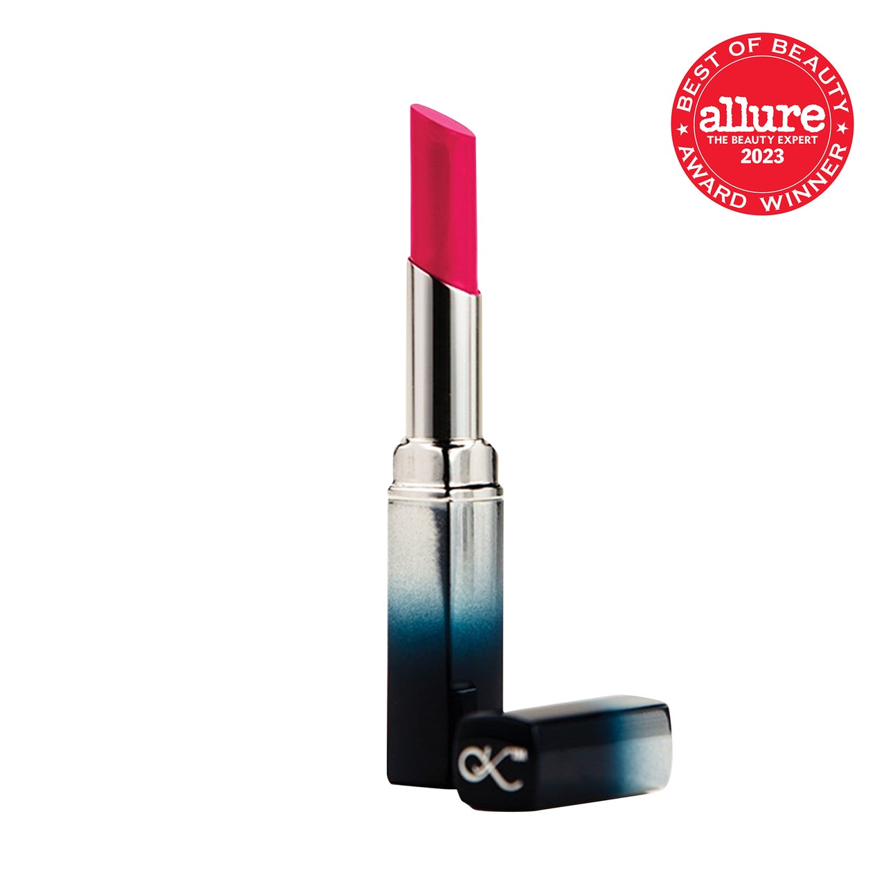 Sunrider International Kandesn Lip Color Tube mit Farbverlauf von Silber zu Marineblau mit leuchtend rosa Lippenstift auf weißem Hintergrund mit rotem Allure BoB-Siegel in der oberen rechten Ecke