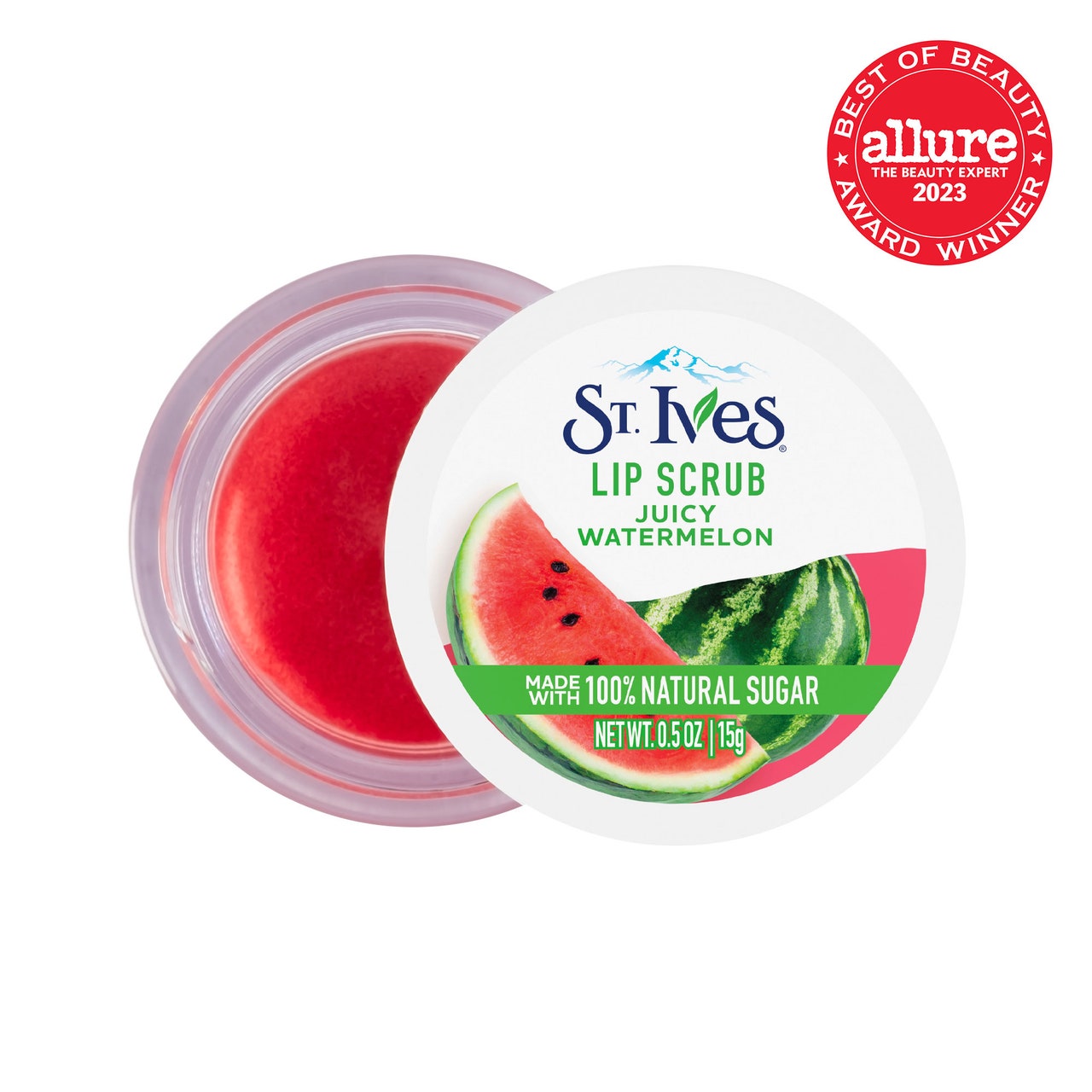 St. Ives Juicy Watermelon Lip Scrub Draufsicht auf ein Glas rosa Lippenpeeling mit weißem Deckel und angelehnter Wassermelonengrafik auf weißem Hintergrund mit rotem Allure BoB-Siegel in der oberen rechten Ecke
