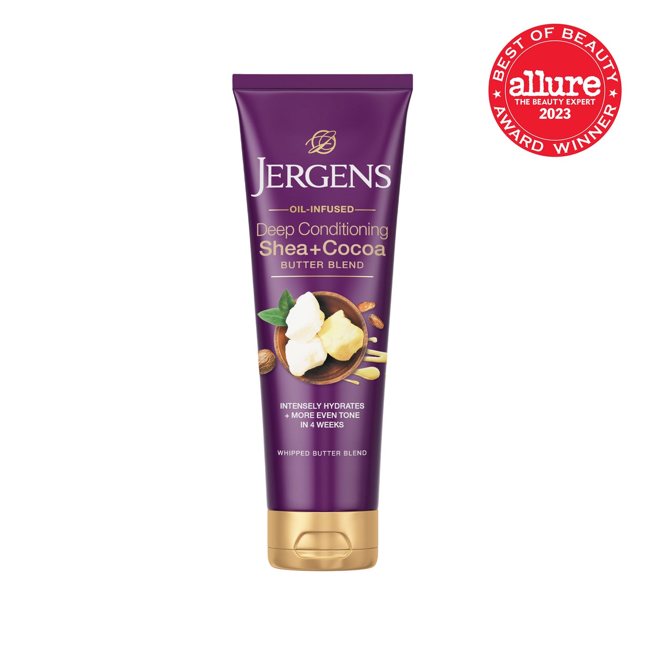 Jergens Deep Conditioning Shea + Cocoa Butter Blend purple tube with gold cap on white background with red Allure BoB seal in the top right corner