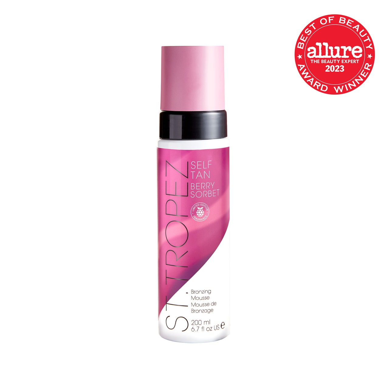 St. Tropez Self Tan Berry Sorbet Bronzing Mousse pink and white bottle on white background with red Allure BoB seal in the top right corner