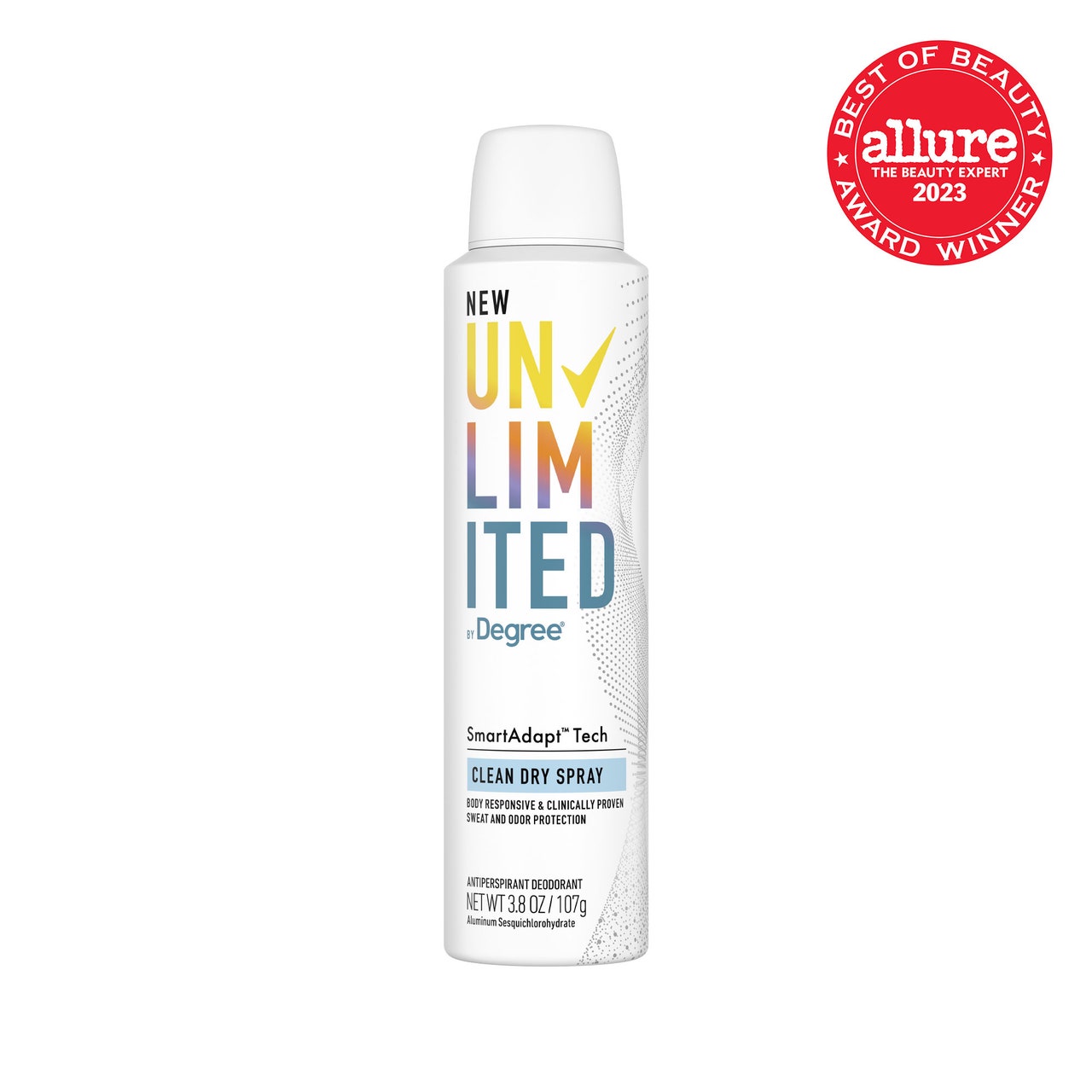 Unlimited by Degree SmartAdapt Tech Clean Dry Spray white spray canister on white background with red Allure BoB seal in the top right corner