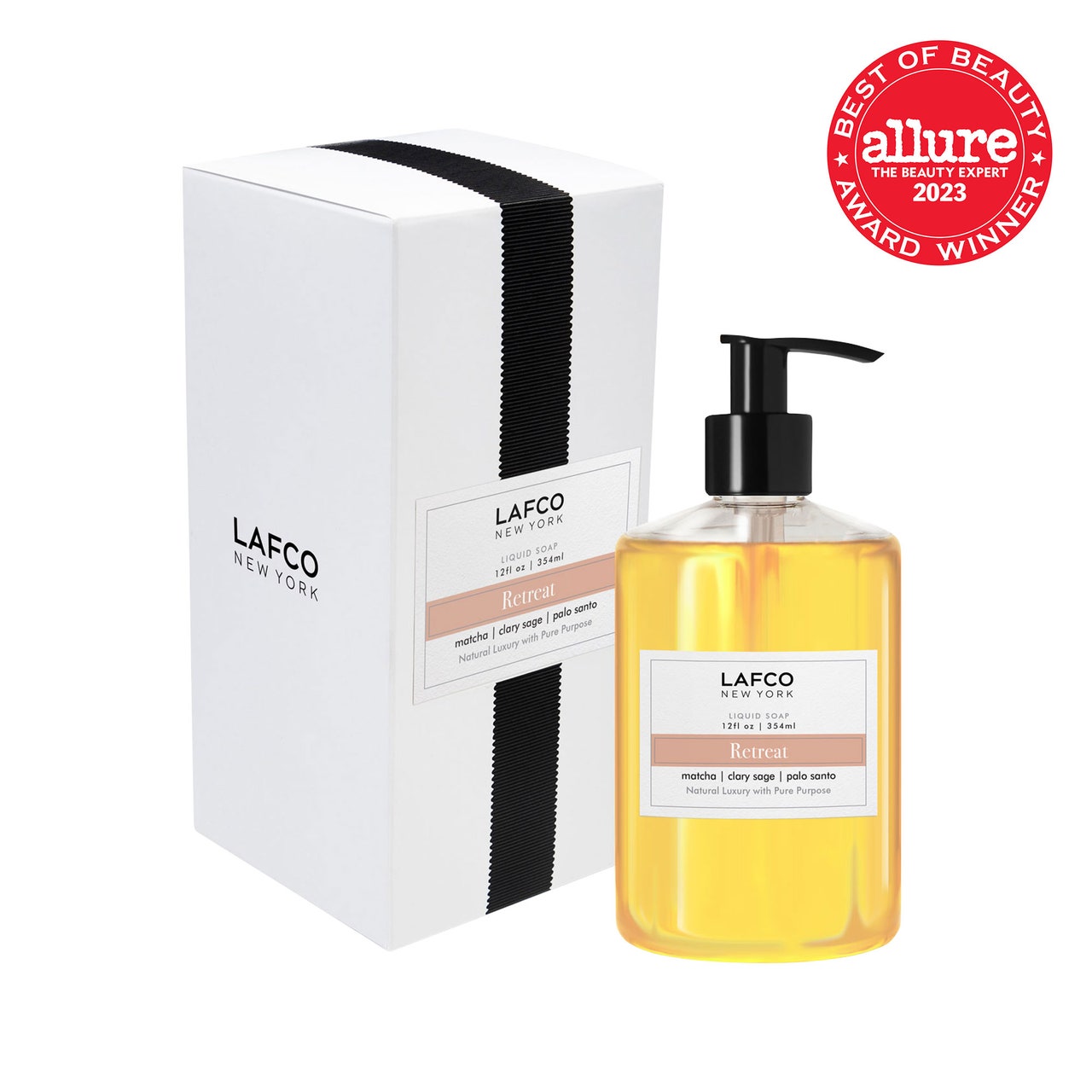 LAFCO New York Retreat Liquid Soap transparent bottle of yellow hand soap with black pump and box on white background with red Allure BoB seal in the top right corner