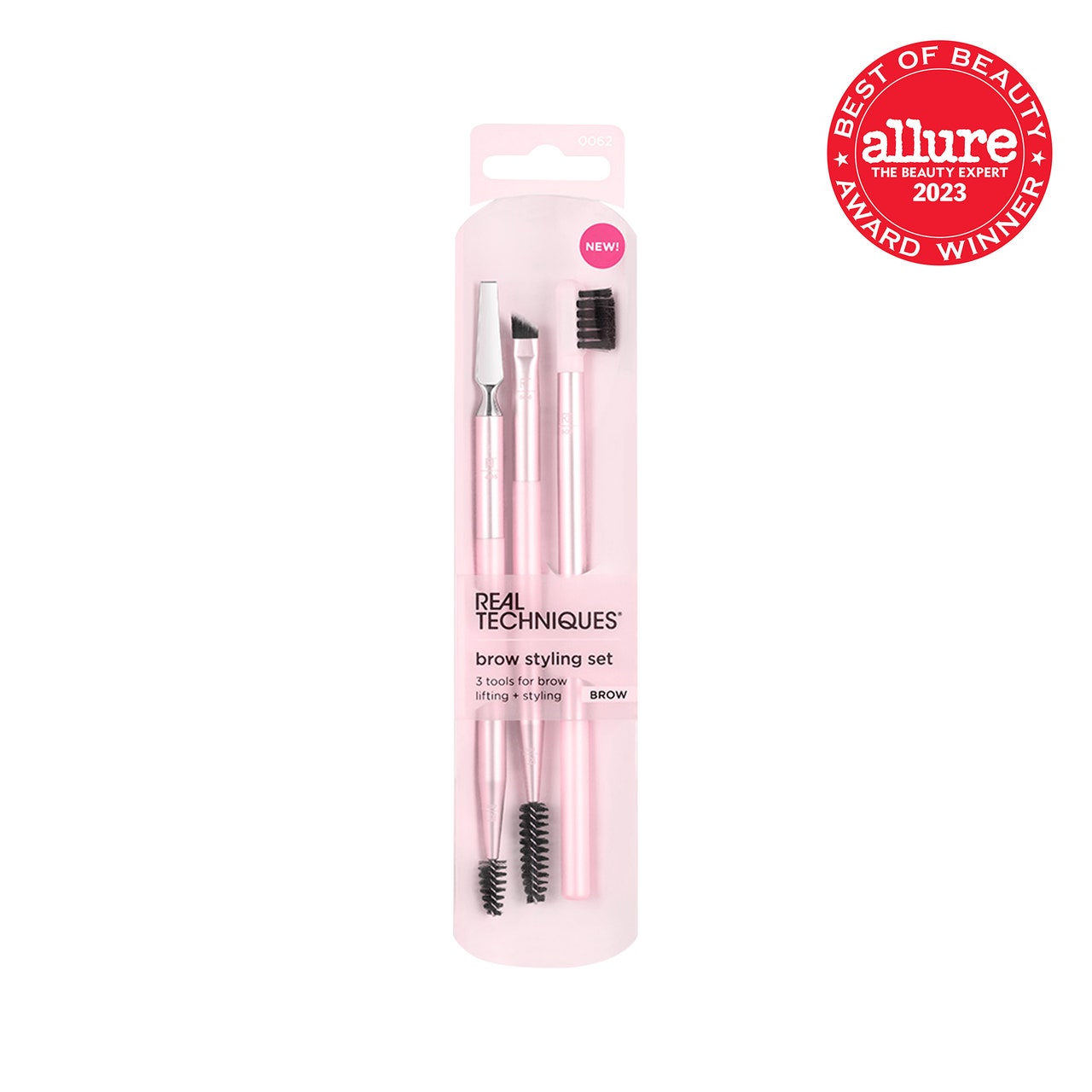 Real Techniques Brow Styling Set package of pale pink eye brow brushes on white background with red Allure BoB seal in the top right corner