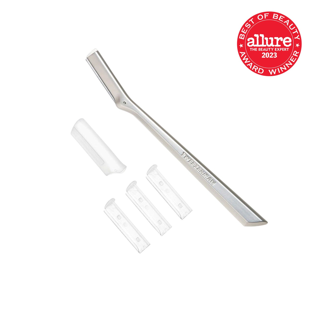 Tweezerman Facial Razor silver one blade facial razor with four plastic blade covers on white background with red Allure BoB seal in the top right corner