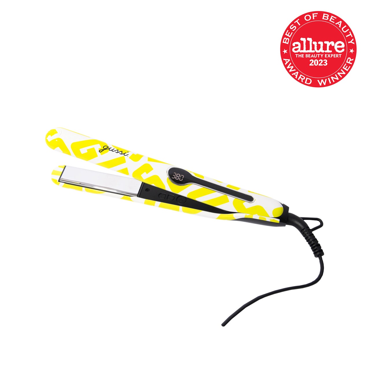 Gussi Mane Squeeze 1" Titanium & Ceramic Flat Iron white and neon yellow flat iron on white background with red Allure BoB seal in the top right corner