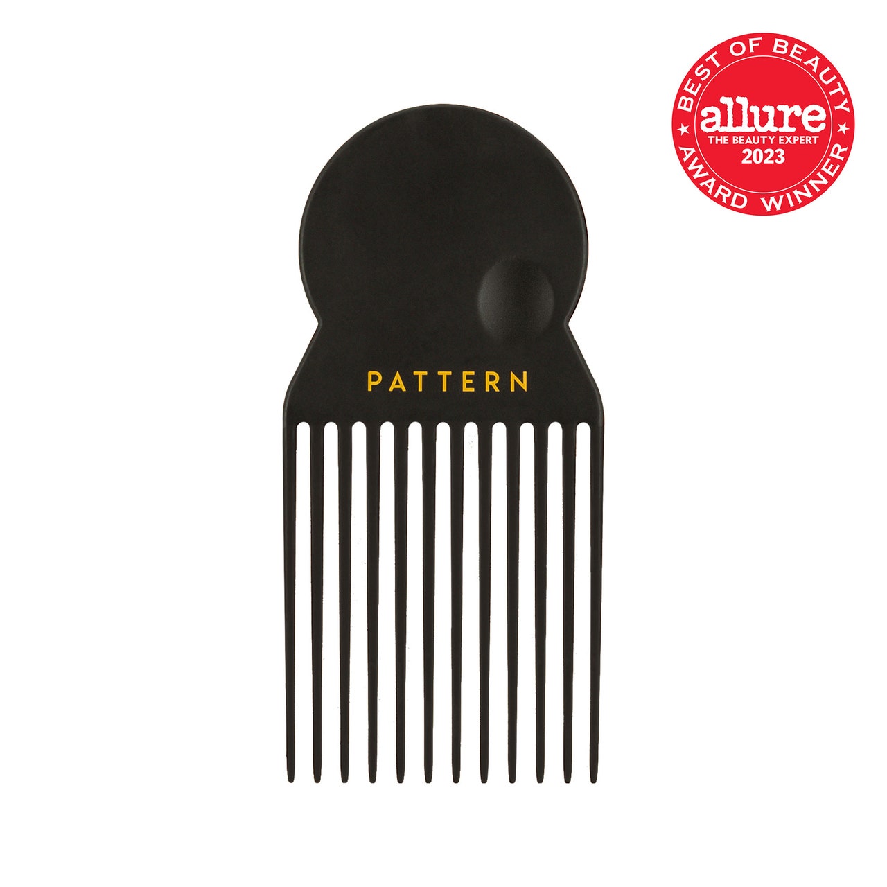 Pattern Beauty Hair Pick black hair pick on white background with red Allure BoB seal in the top right corner