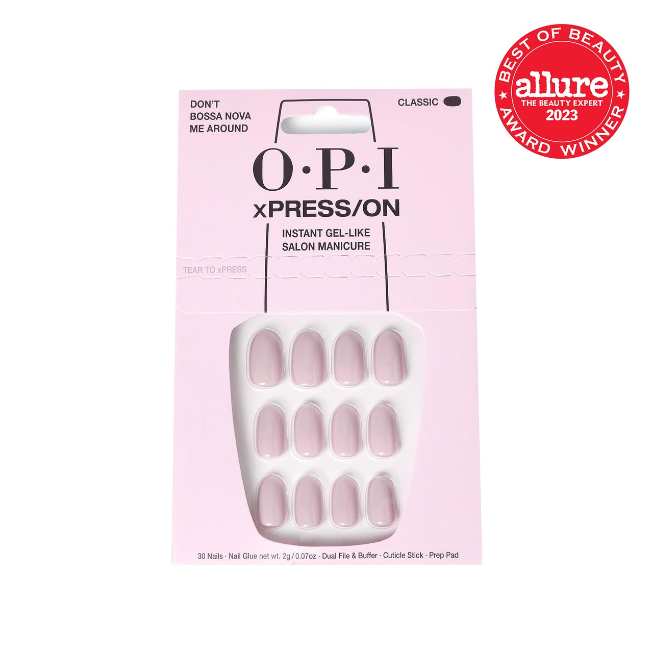 OPI xPress/On Press On Nails, rosa und transparente Schachtel mit kurzen blassrosa Press On Nails auf weißem Hintergrund mit rotem Allure BoB-Siegel in der oberen rechten Ecke